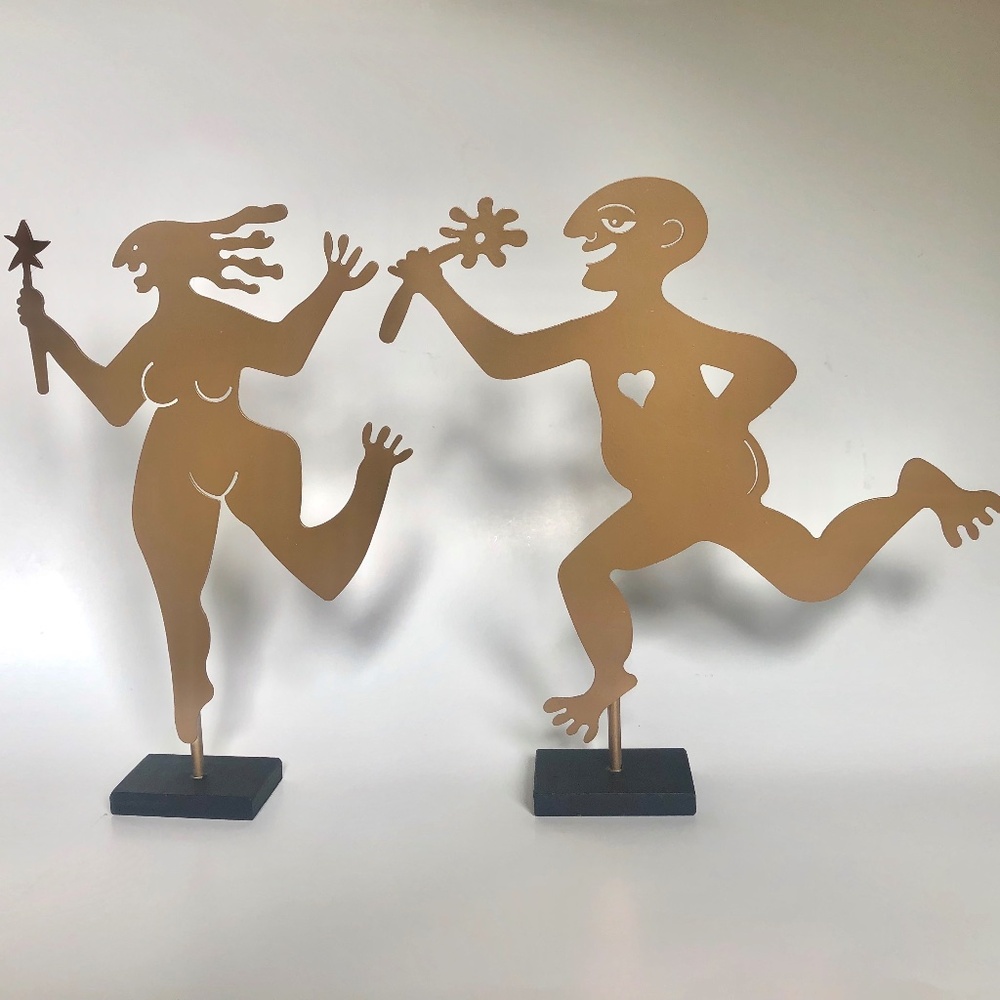 Gold Running Naked Couple Sculptures 12” High